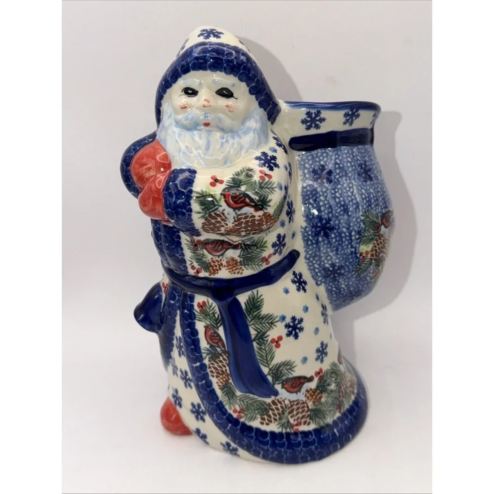 Polish Pottery Kalich SANTA CLAUS WITH BAG Boleslawiec Artisan Table Cardinals